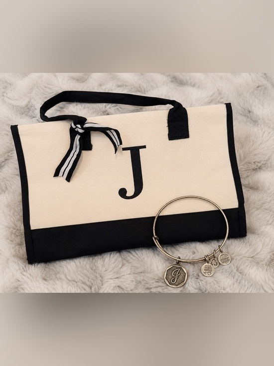 Alex and Ani Jewelry - Alex and Ani Silver “J”  Bangle Bracelet & Cream Monogram “J” Tote Bag Bundle